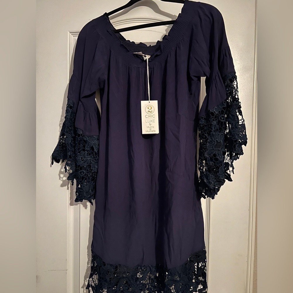 Muche et Muchette Chic Luxe Navy Blue Lace Bell Sleeve Off Shoulder Dress OS